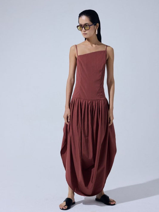 Asymmetrical Draped Maxi Dress — Brick Red