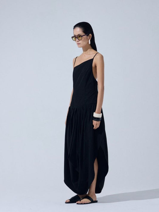 Asymmetrical Draped Maxi Dress — Black