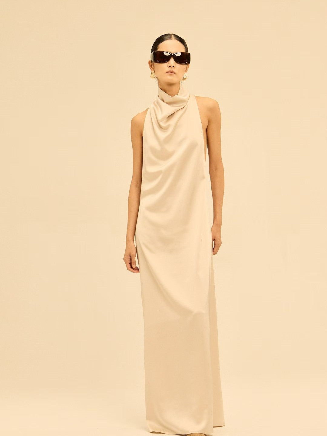 High-Neck Halter Satin Drape Long Dress