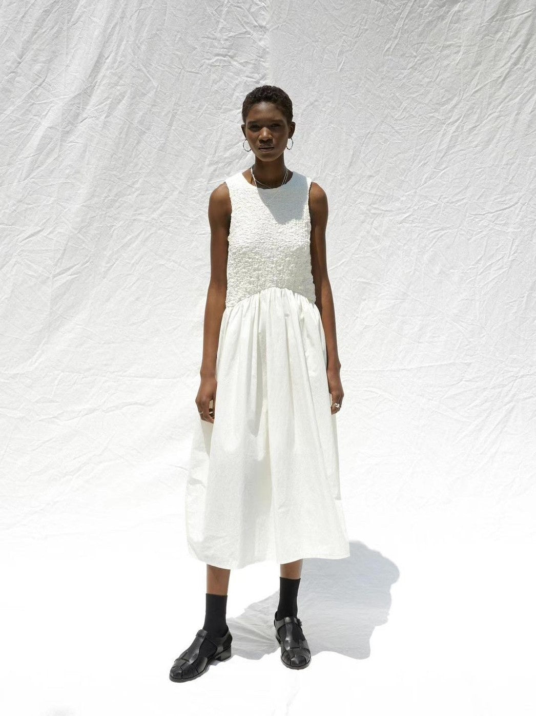 Smocked Mixed-Media Maxi Dress