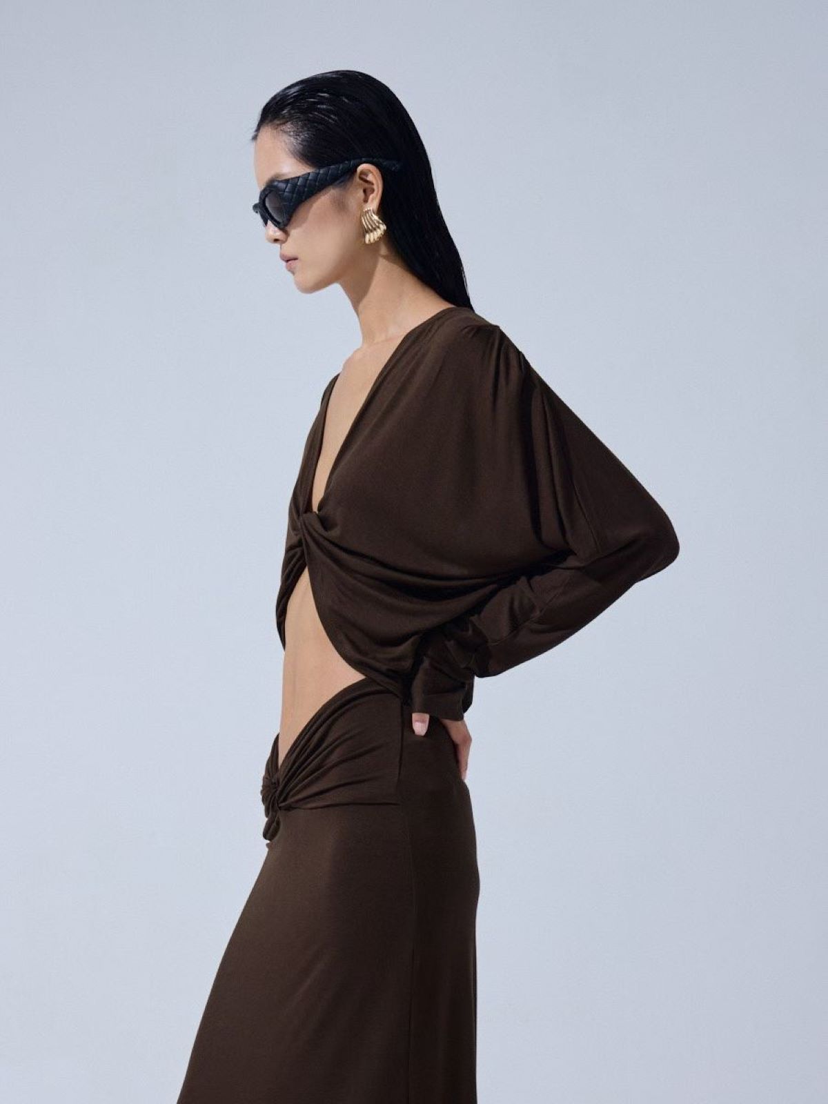 Twist Front Cutout Draped Dress — Cacao