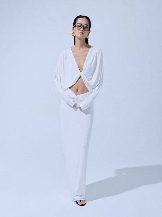 Twist Front Cutout Draped Dress — White