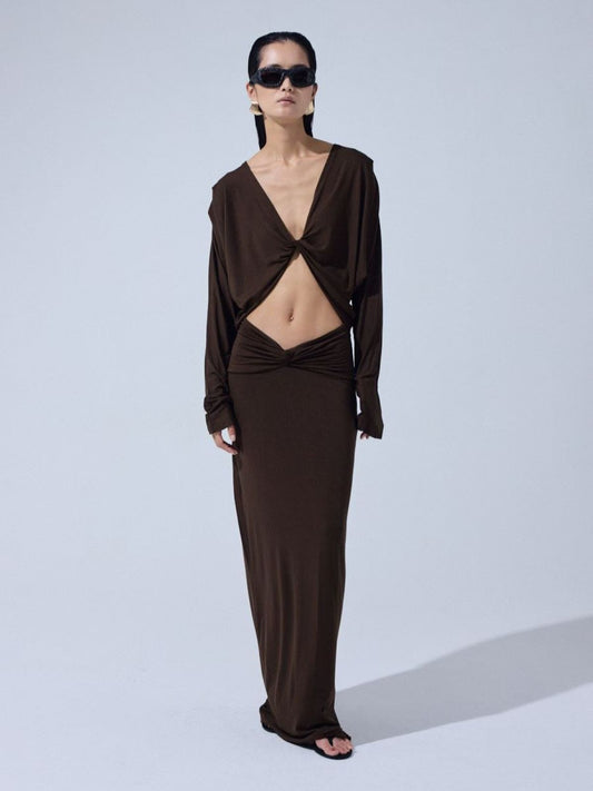 Twist Front Cutout Draped Dress — Cacao