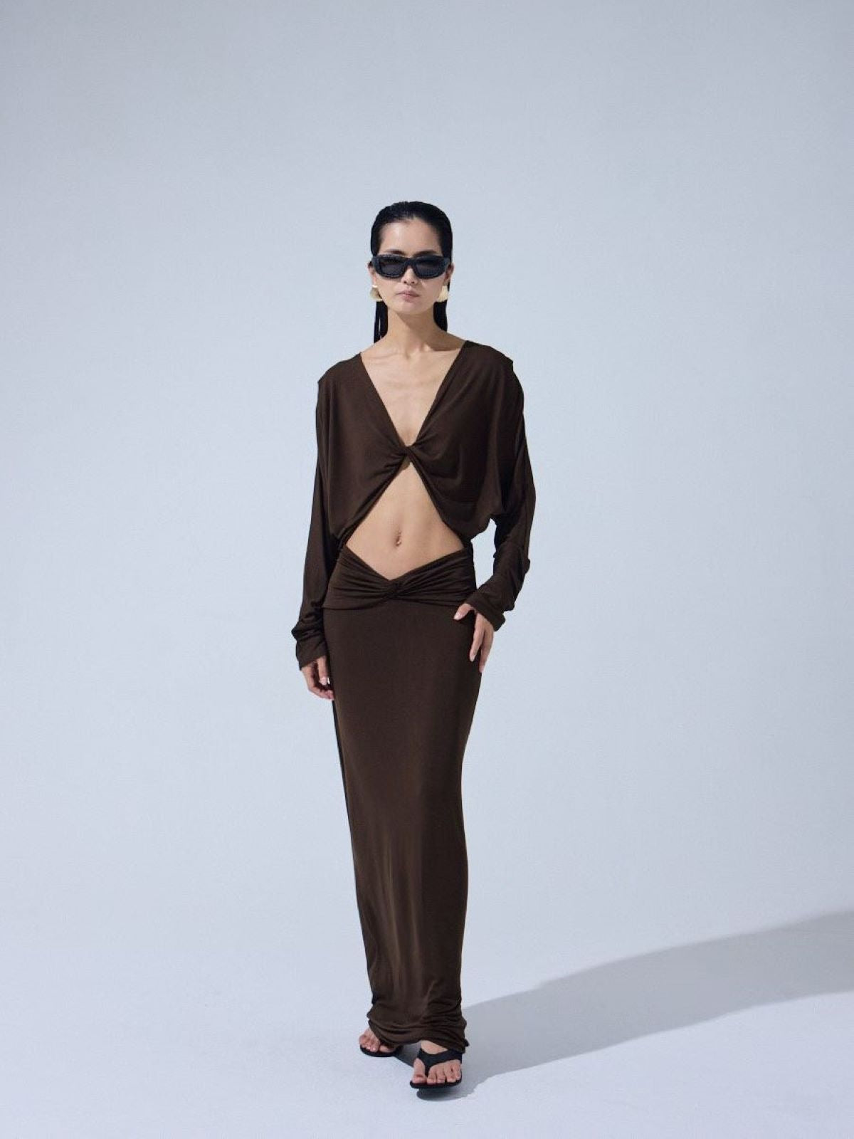 Twist Front Cutout Draped Dress — Cacao