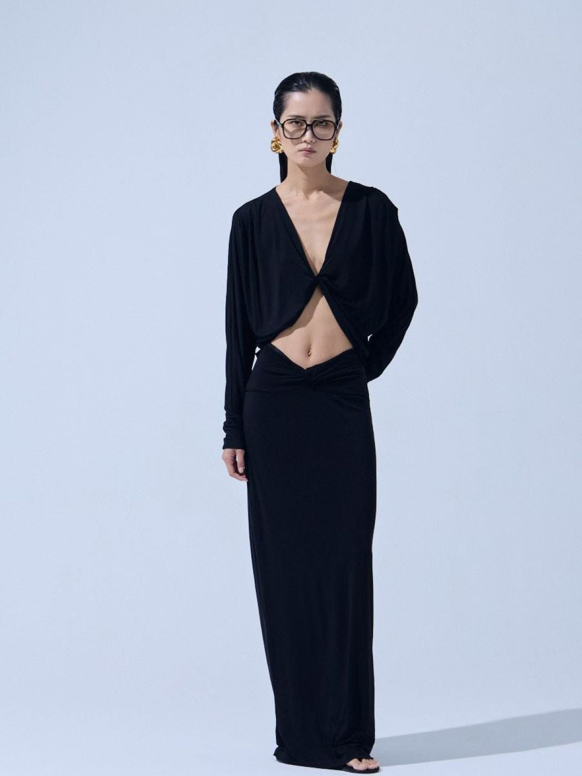 Twist Front Cutout Draped Dress — Black