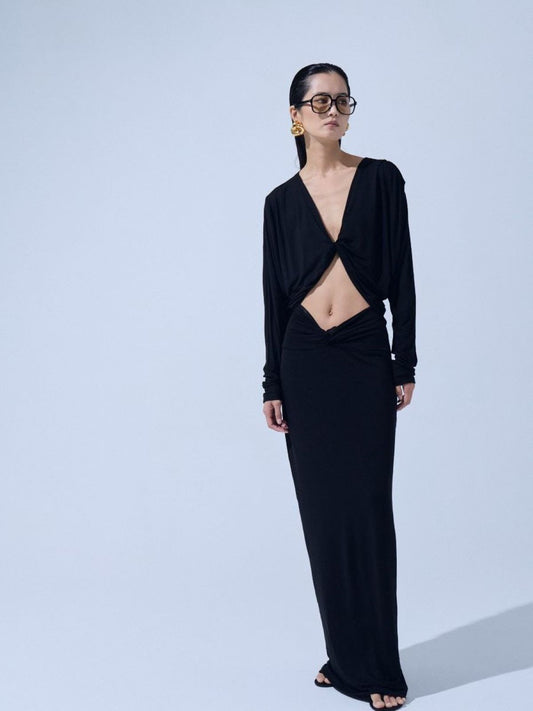 Twist Front Cutout Draped Dress — Black