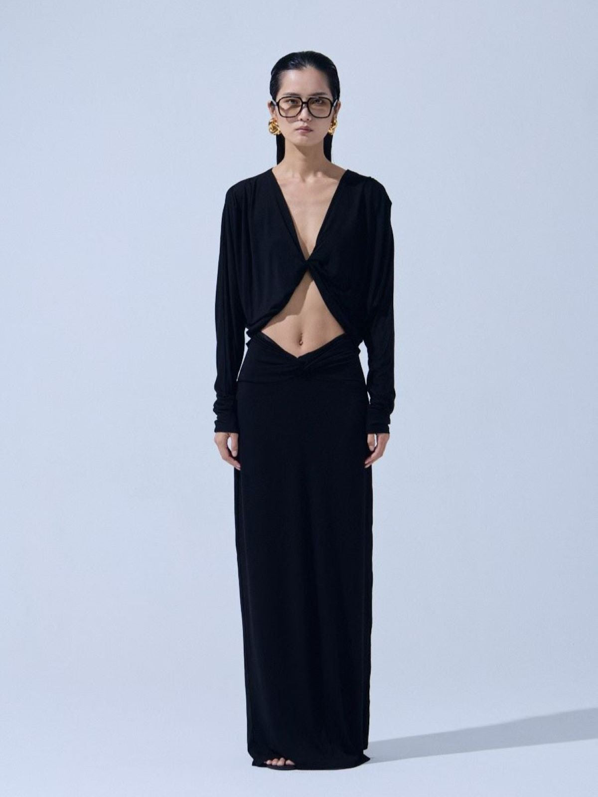 Twist Front Cutout Draped Dress — Black