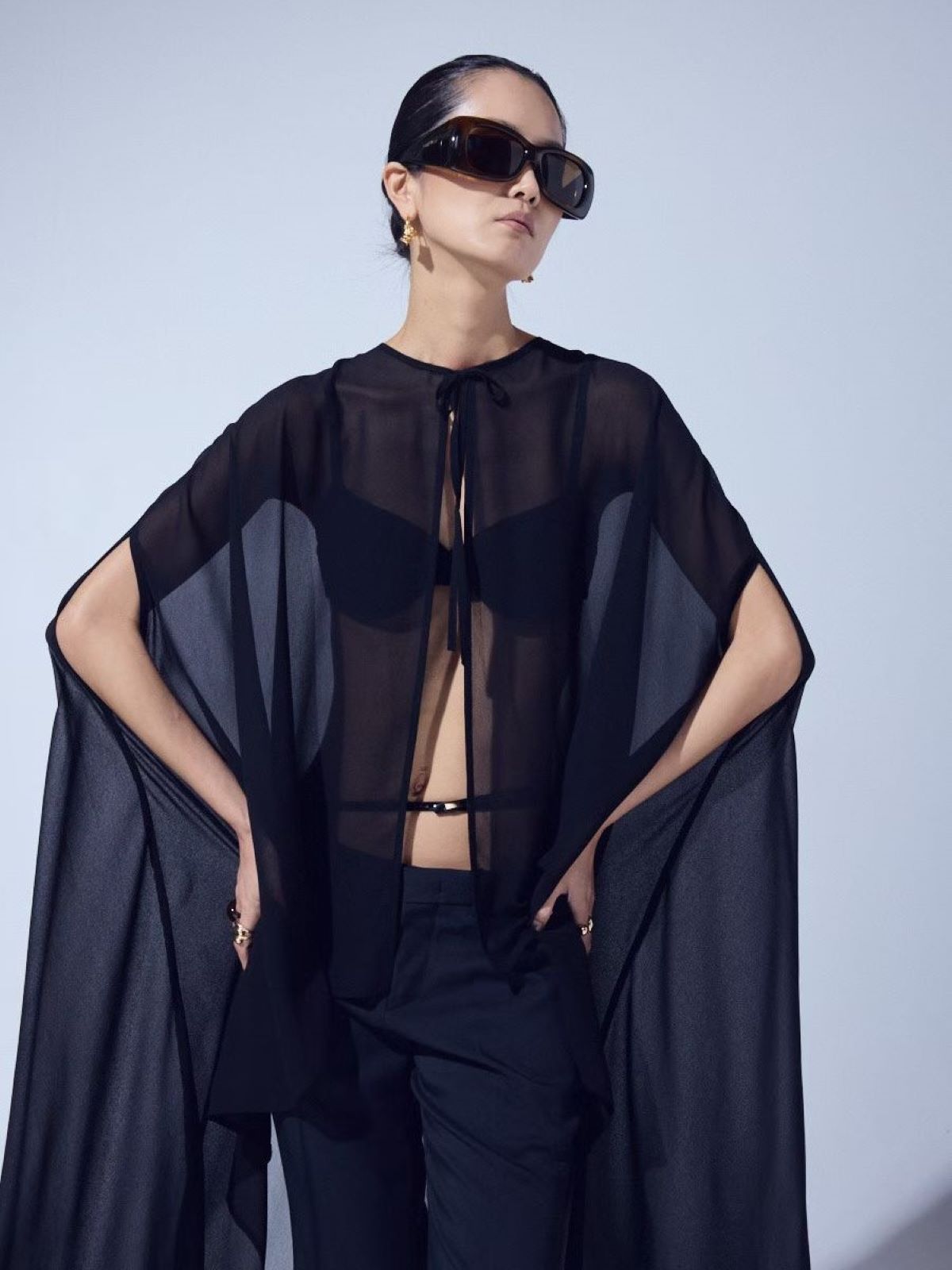 Sheer Cape Chiffon Blouse — Black
