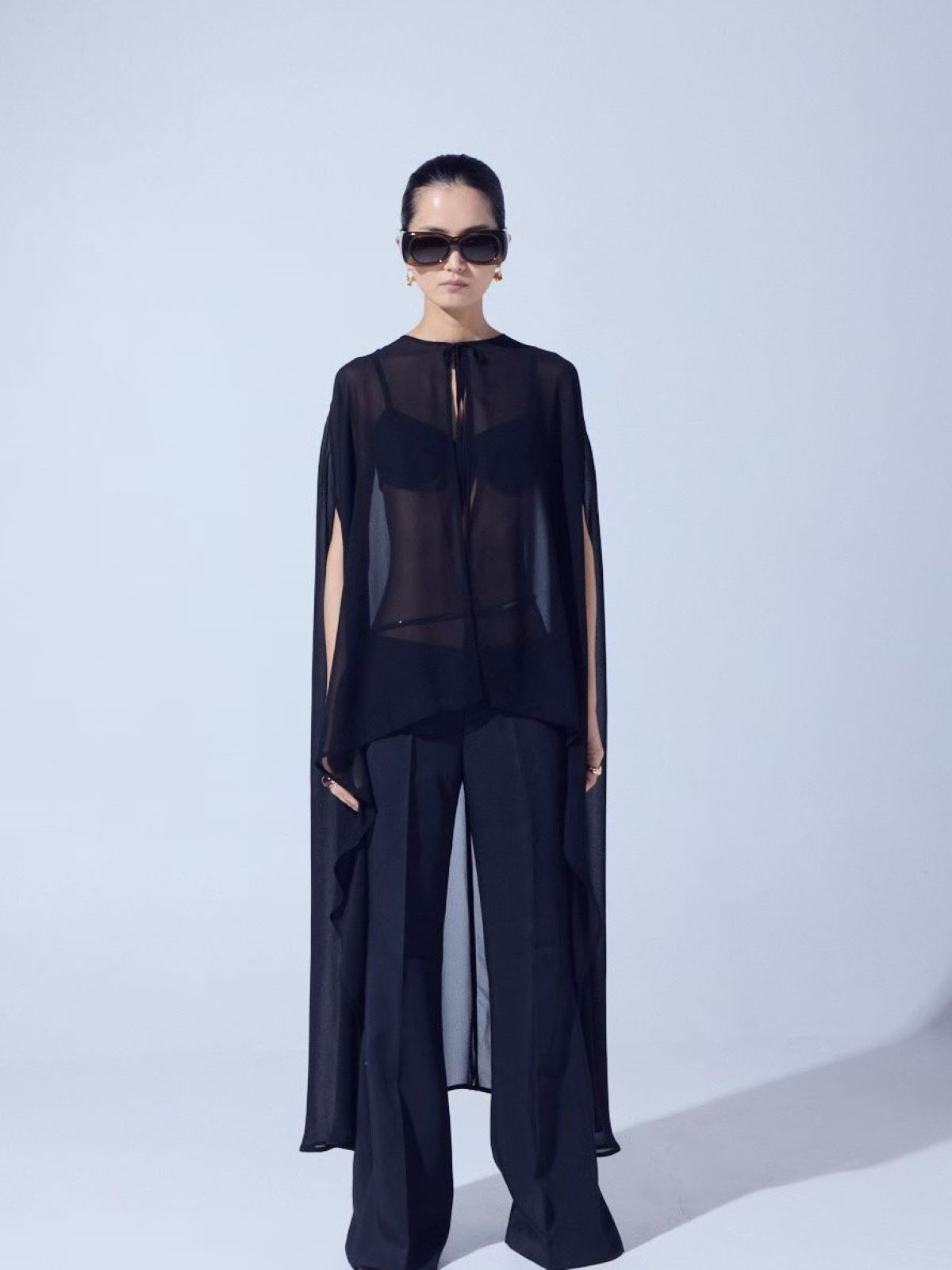 Sheer Cape Chiffon Blouse — Black