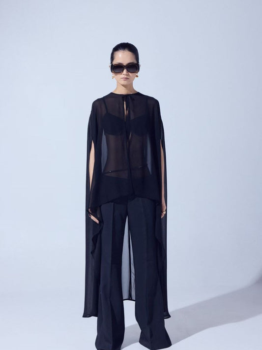 Sheer Cape Chiffon Blouse — Black