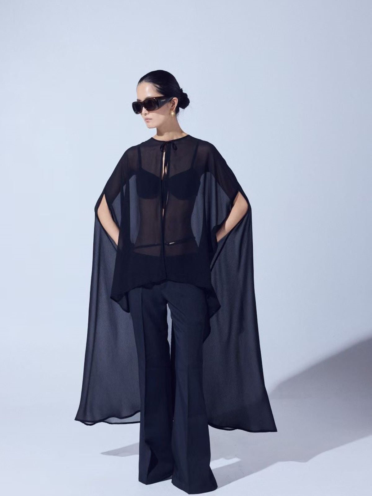 Sheer Cape Chiffon Blouse — Black