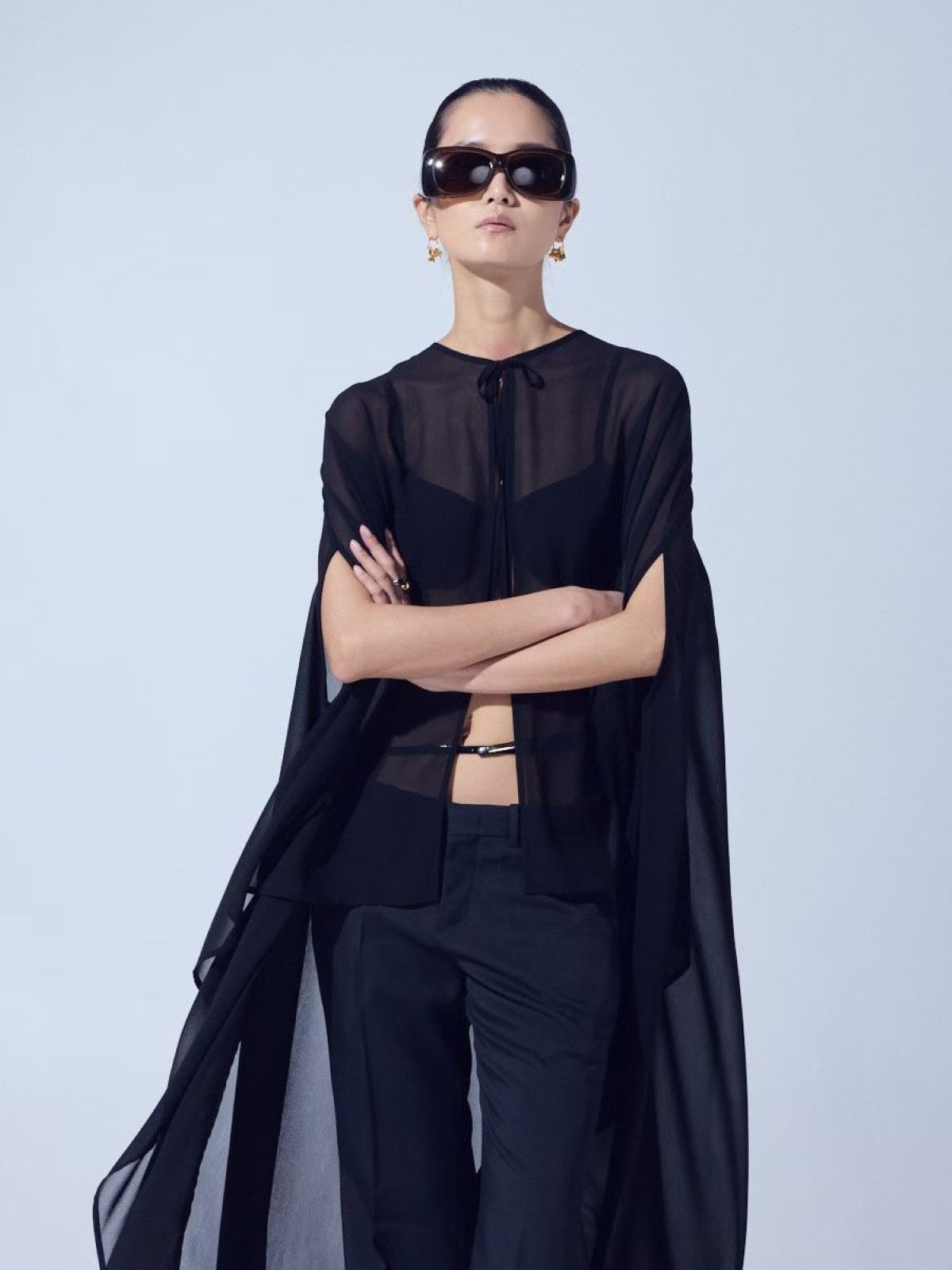 Sheer Cape Chiffon Blouse — Black