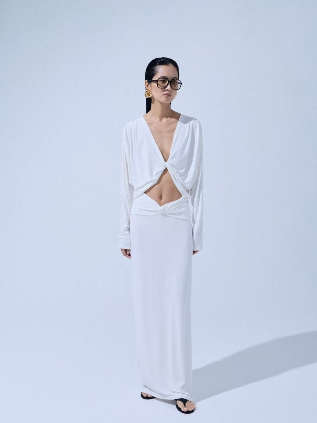 Twist Front Cutout Draped Dress — White