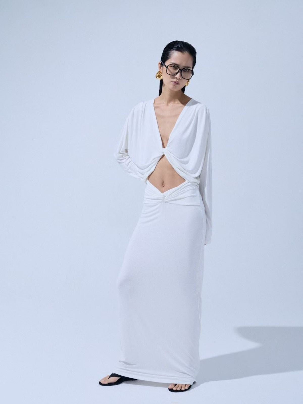 Twist Front Cutout Draped Dress — White