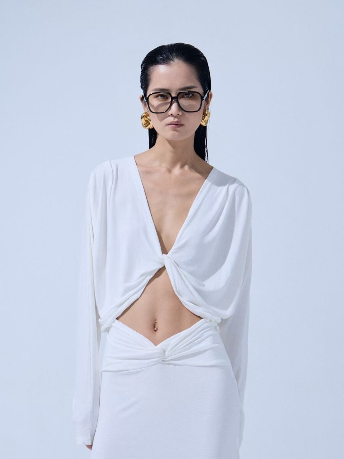 Twist Front Cutout Draped Dress — White
