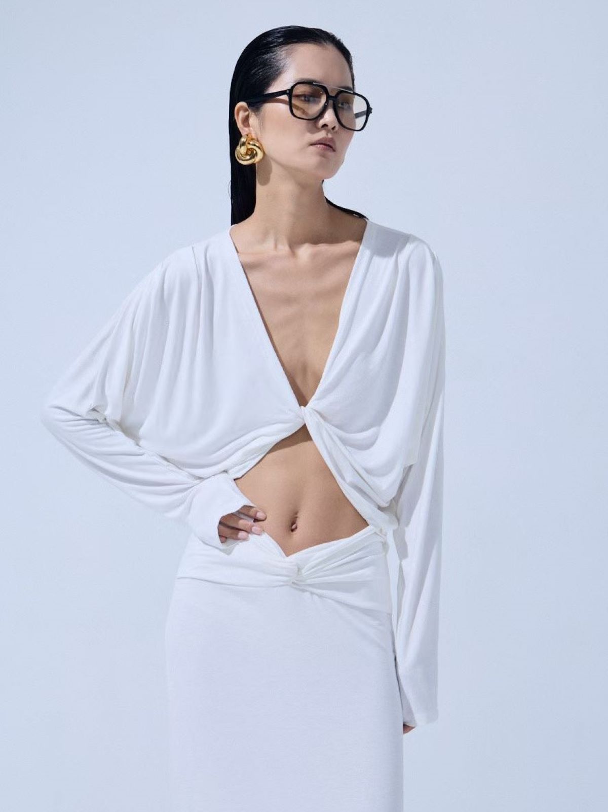 Twist Front Cutout Draped Dress — White