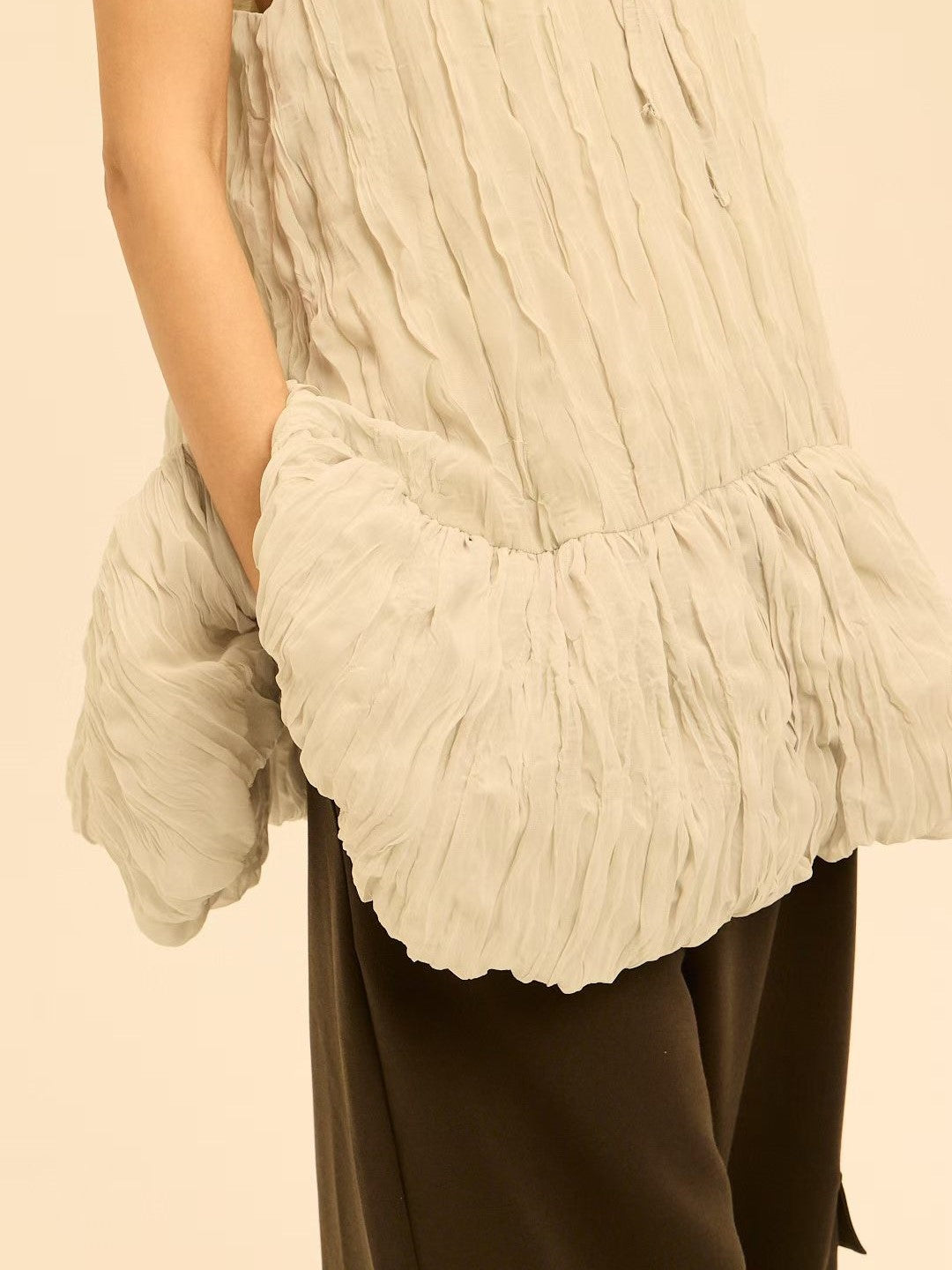 Shirred High-Neck Sleeveless Bubble Hem Top
