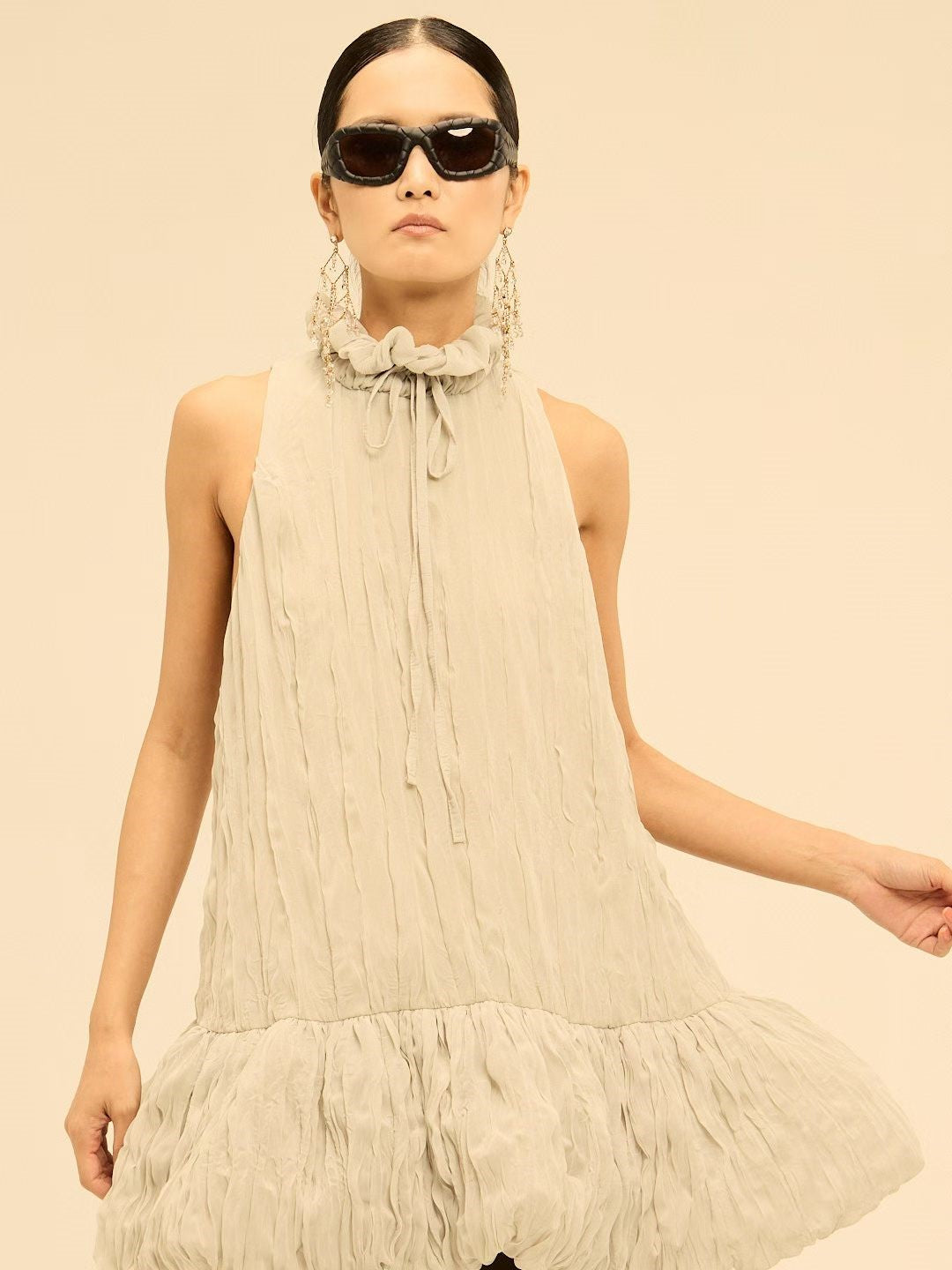 Shirred High-Neck Sleeveless Bubble Hem Top
