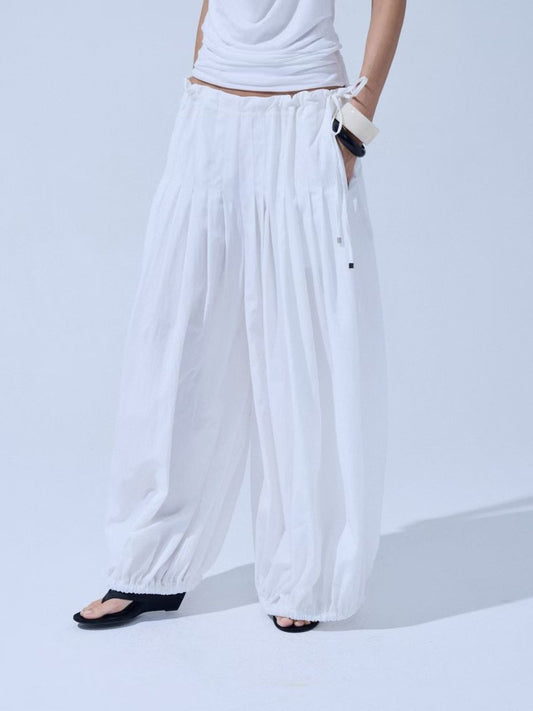 Pleated Balloon Harem Pants — White