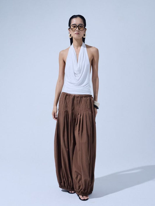 Pleated Balloon Harem Pants — Brown