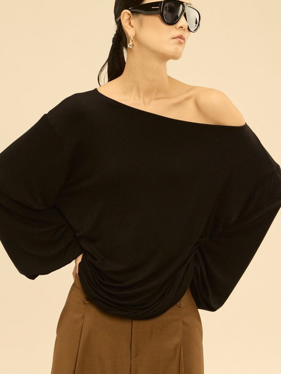 Asymmetric Off-Shoulder Gathered Draped Top