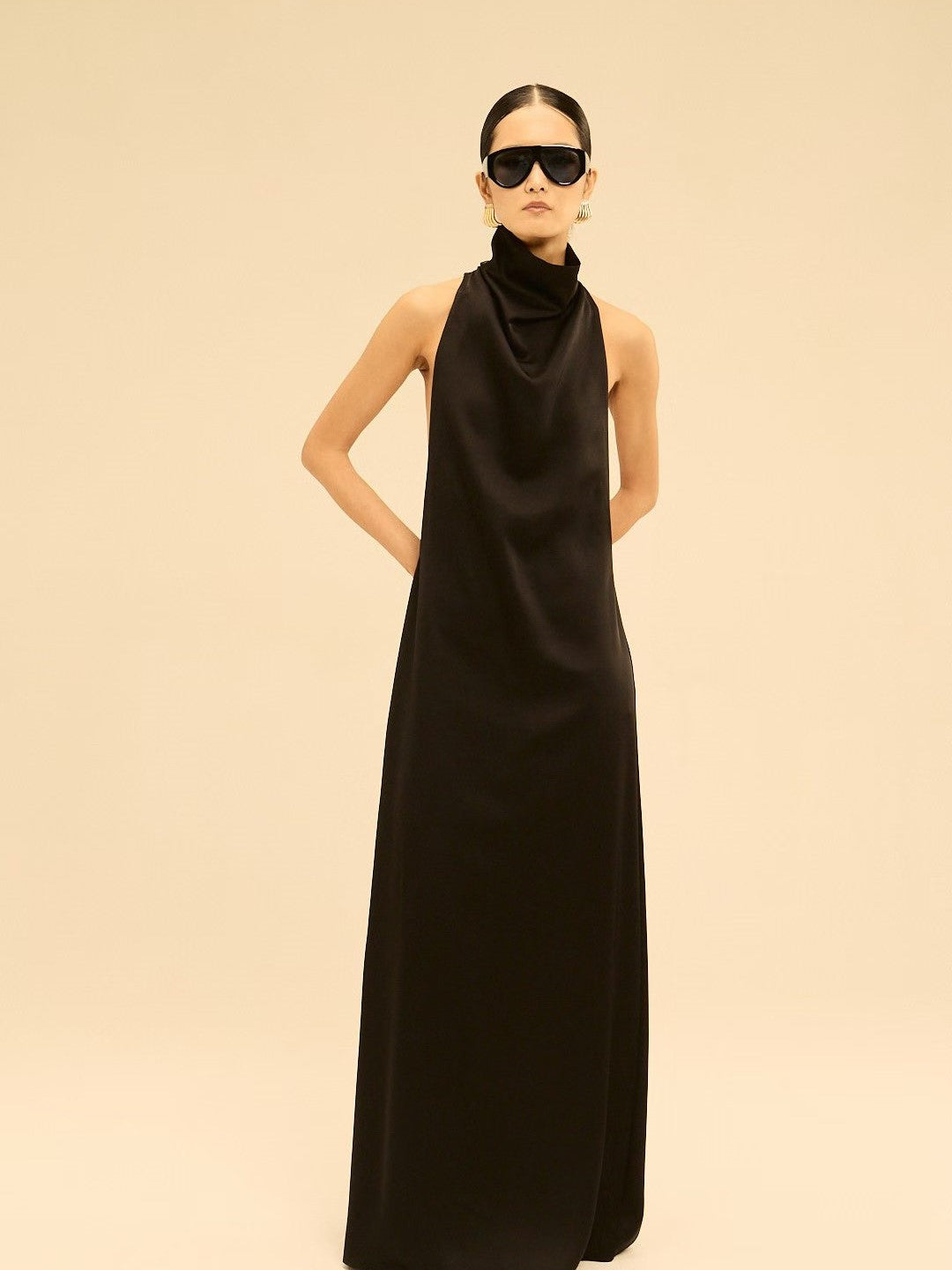 High-Neck Halter Satin Drape Long Dress