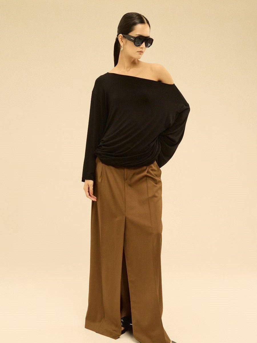 Asymmetric Off-Shoulder Gathered Draped Top