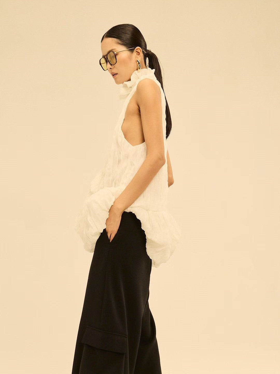 Shirred High-Neck Sleeveless Bubble Hem Top