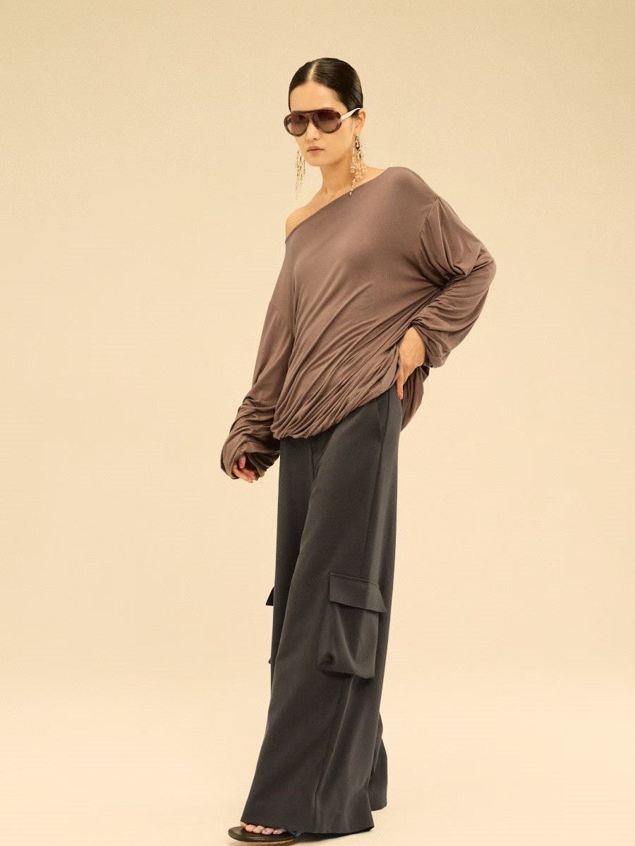 Asymmetric Off-Shoulder Gathered Draped Top