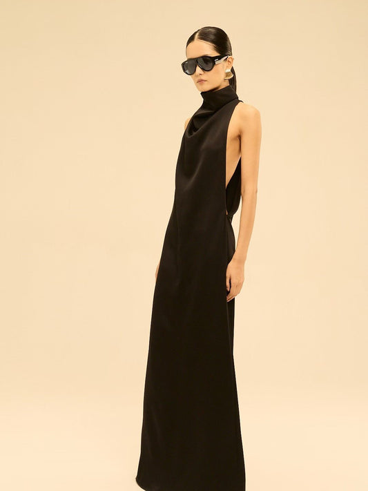 High-Neck Halter Satin Drape Long Dress