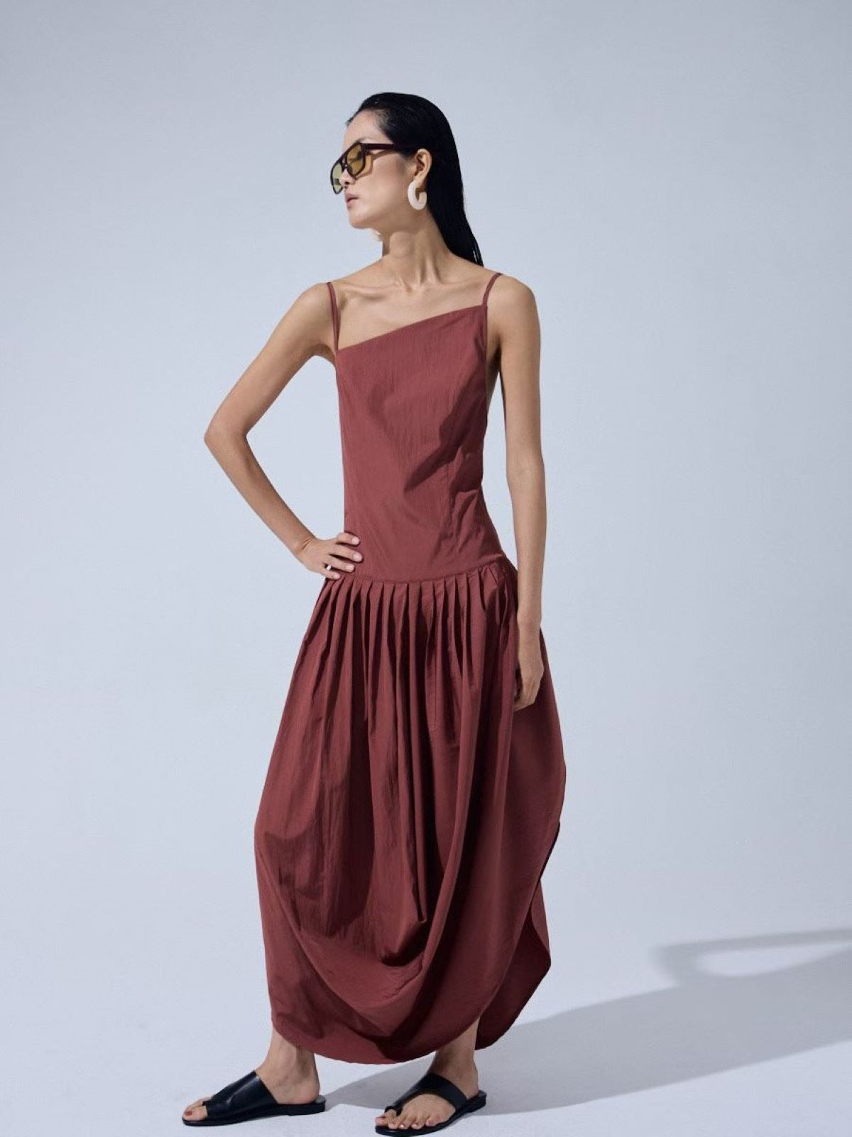 Asymmetrical Draped Maxi Dress — Brick Red