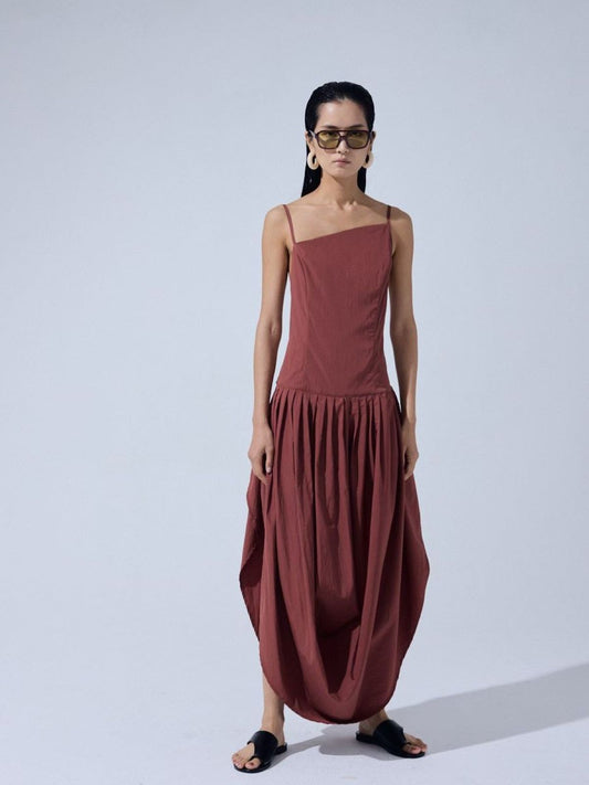Asymmetrical Draped Maxi Dress — Brick Red