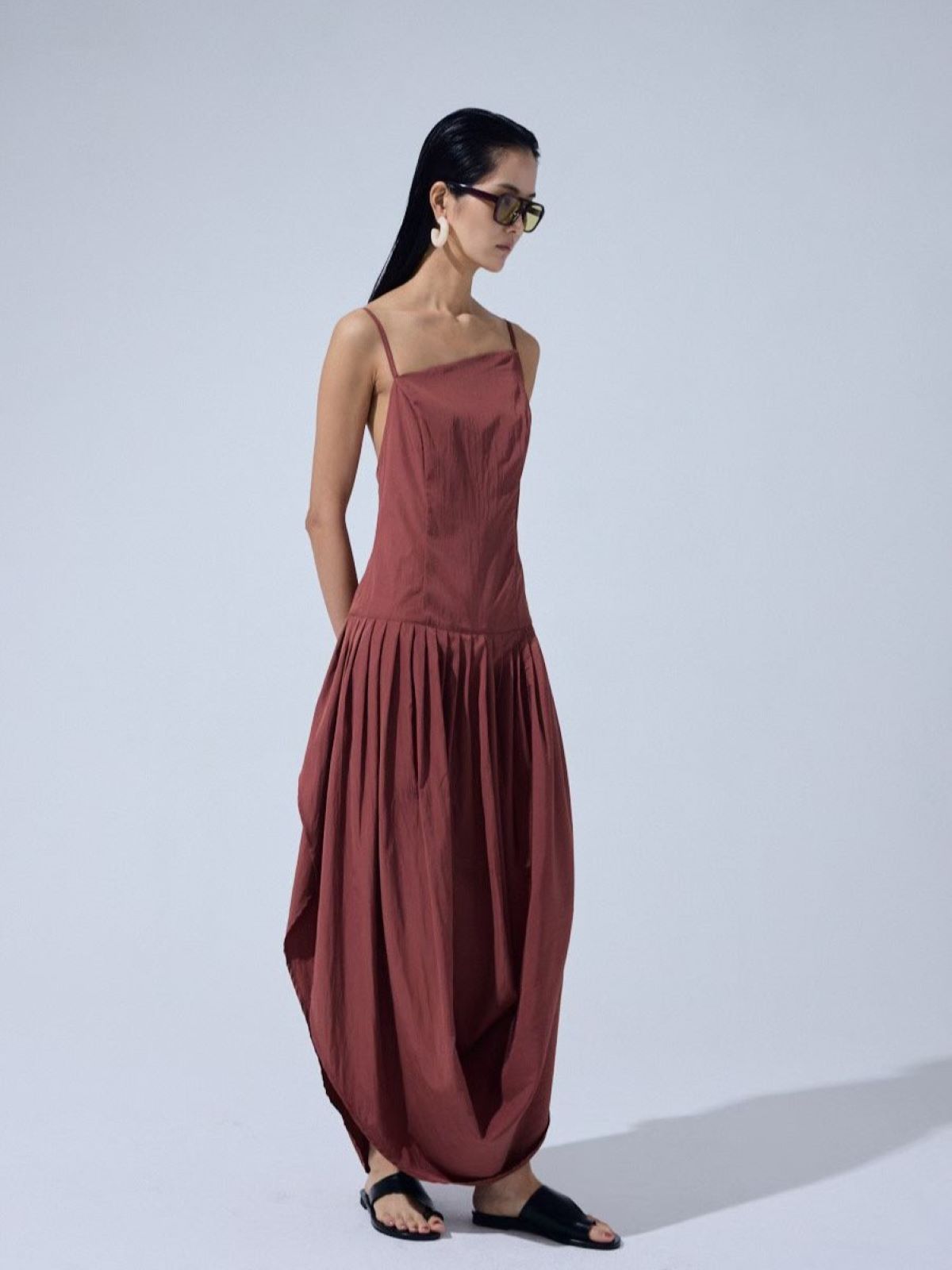 Asymmetrical Draped Maxi Dress — Brick Red