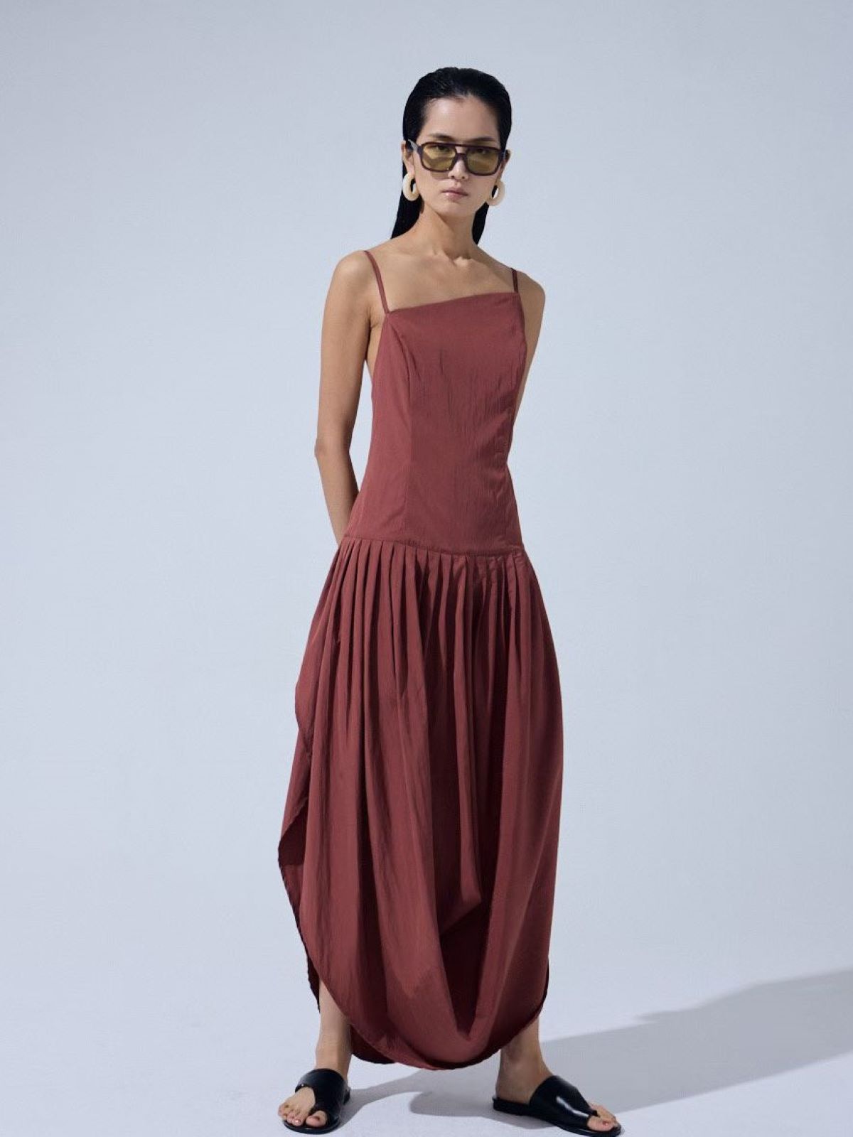 Asymmetrical Draped Maxi Dress — Brick Red