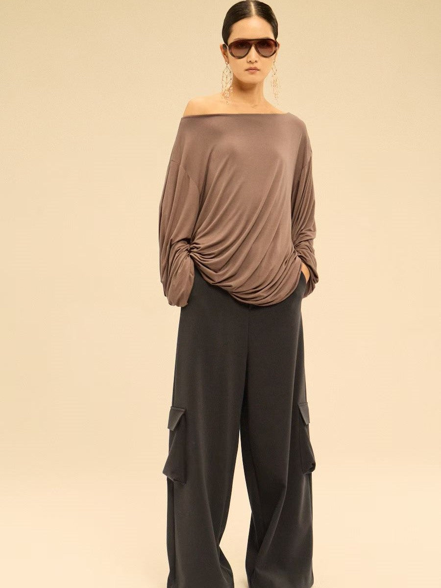 Asymmetric Off-Shoulder Gathered Draped Top