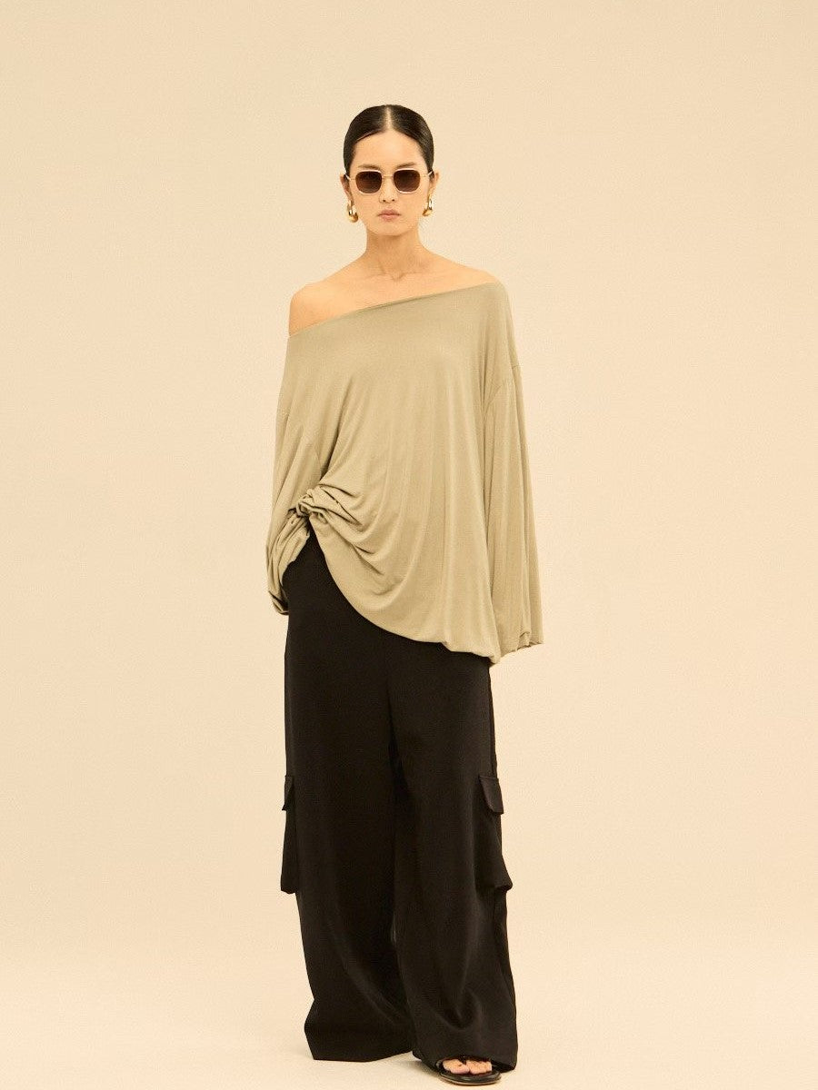 Asymmetric Off-Shoulder Gathered Draped Top