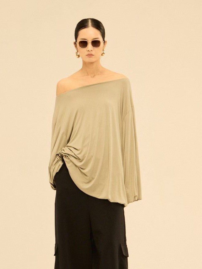 Asymmetric Off-Shoulder Gathered Draped Top