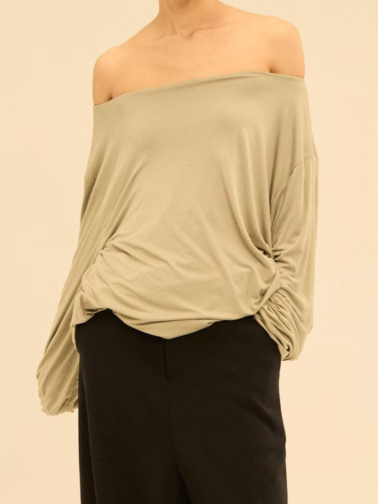 Asymmetric Off-Shoulder Gathered Draped Top