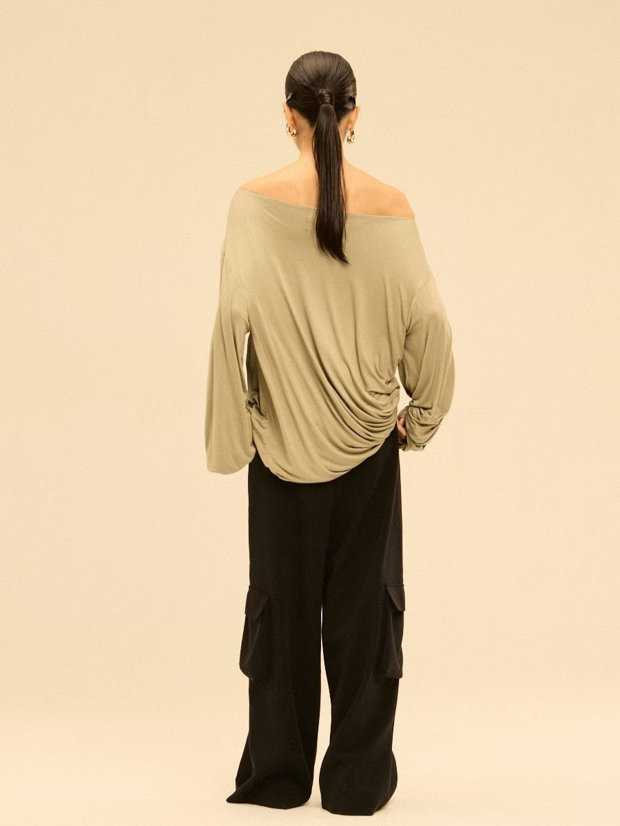 Asymmetric Off-Shoulder Gathered Draped Top