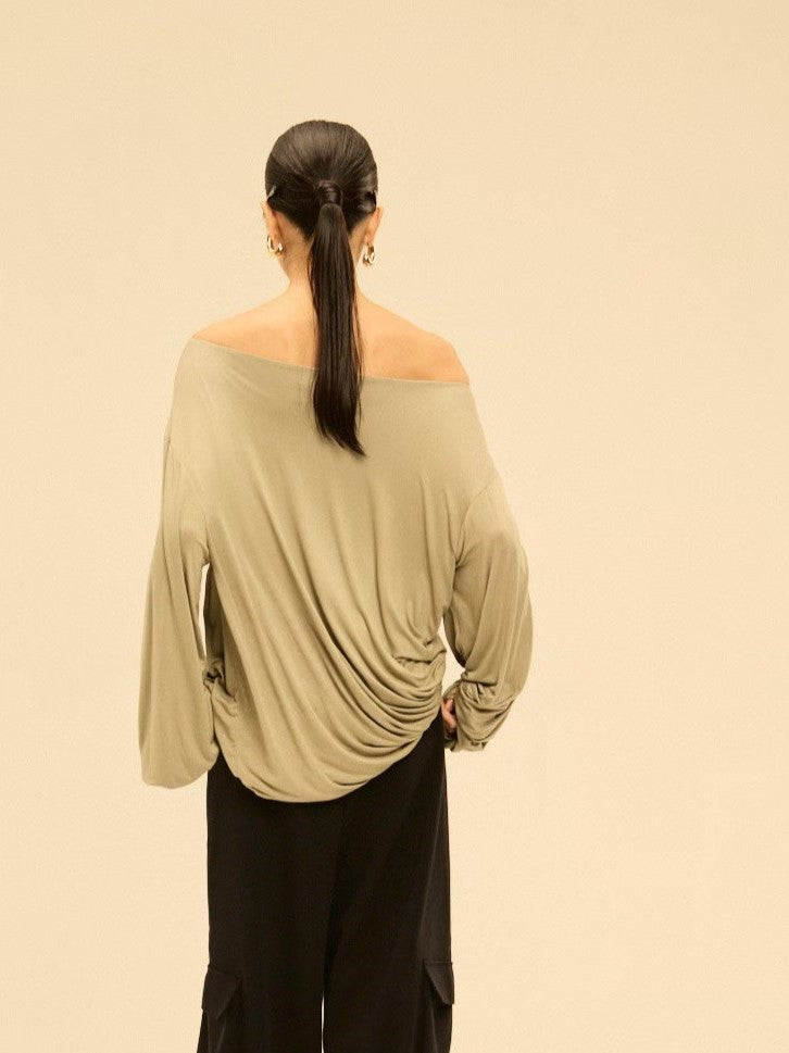 Asymmetric Off-Shoulder Gathered Draped Top