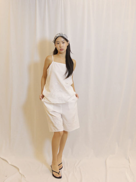 White Embroidered Cotton Shorts