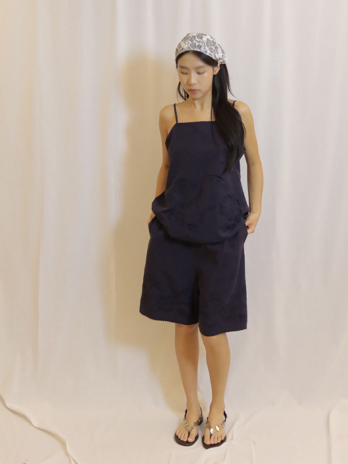 Navy Embroidered Shorts