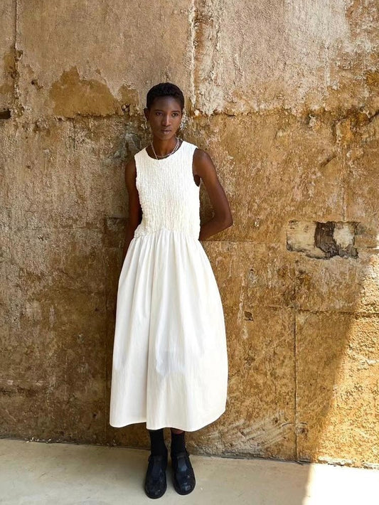 Smocked Mixed-Media Maxi Dress