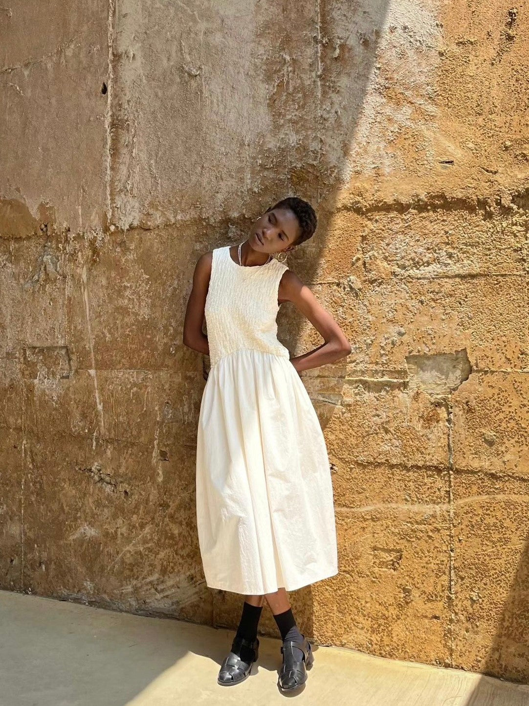 Smocked Mixed-Media Maxi Dress