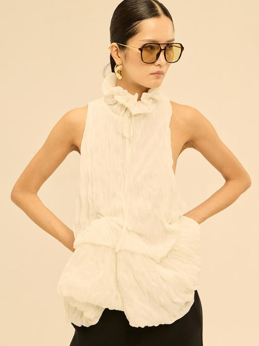 Shirred High-Neck Sleeveless Bubble Hem Top