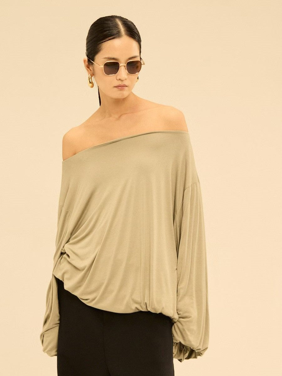 Asymmetric Off-Shoulder Gathered Draped Top