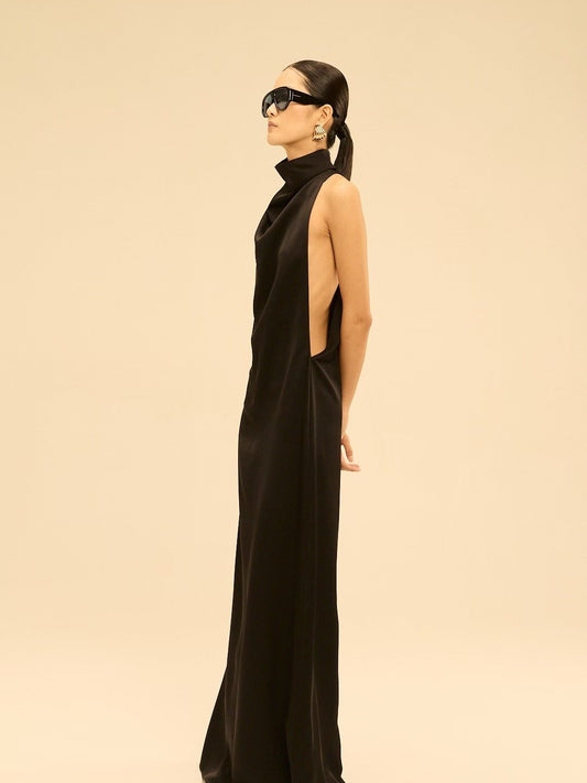 High-Neck Halter Satin Drape Long Dress
