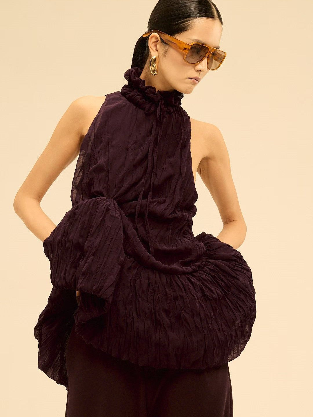 Shirred High-Neck Sleeveless Bubble Hem Top