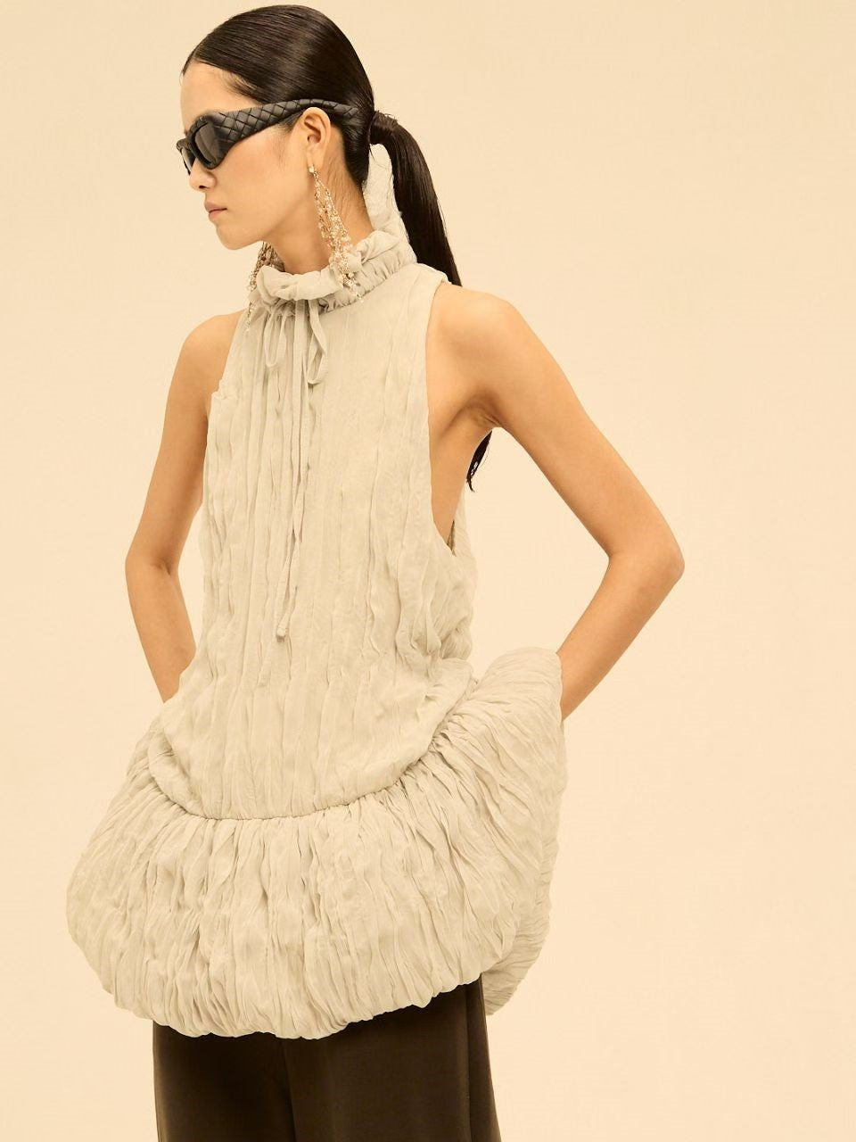 Shirred High-Neck Sleeveless Bubble Hem Top
