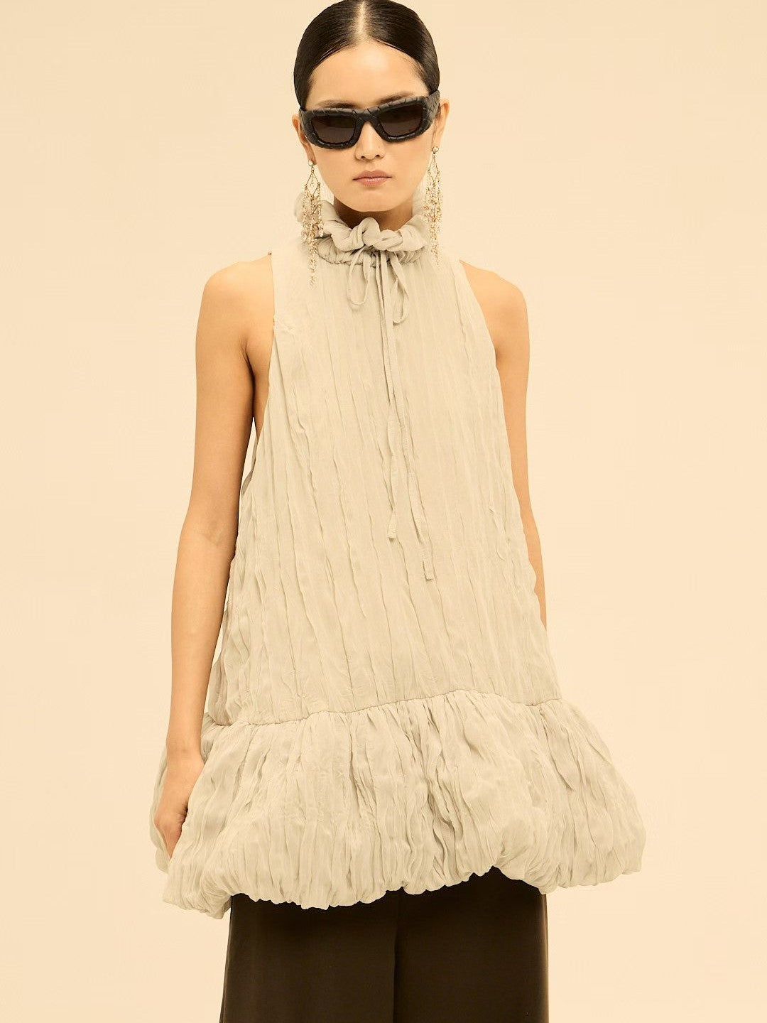 Shirred High-Neck Sleeveless Bubble Hem Top